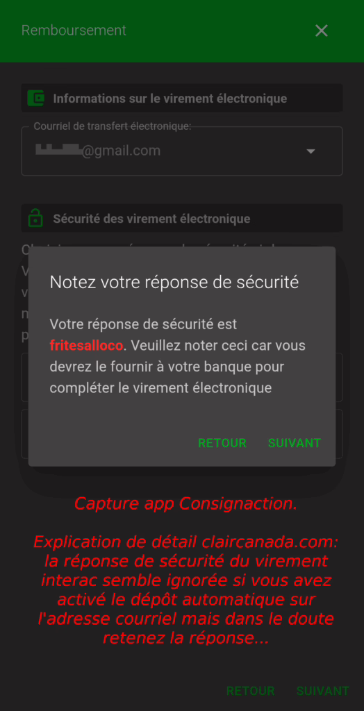 Appli consignaction, virement interac avec explications