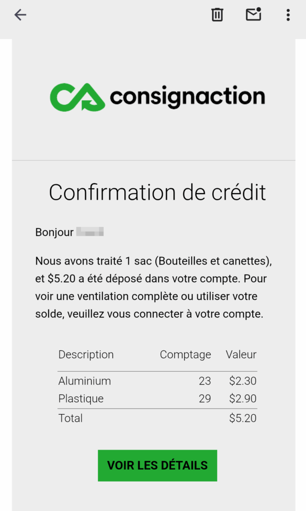 Courriel consignaction, la valeur d'un sac de 74L