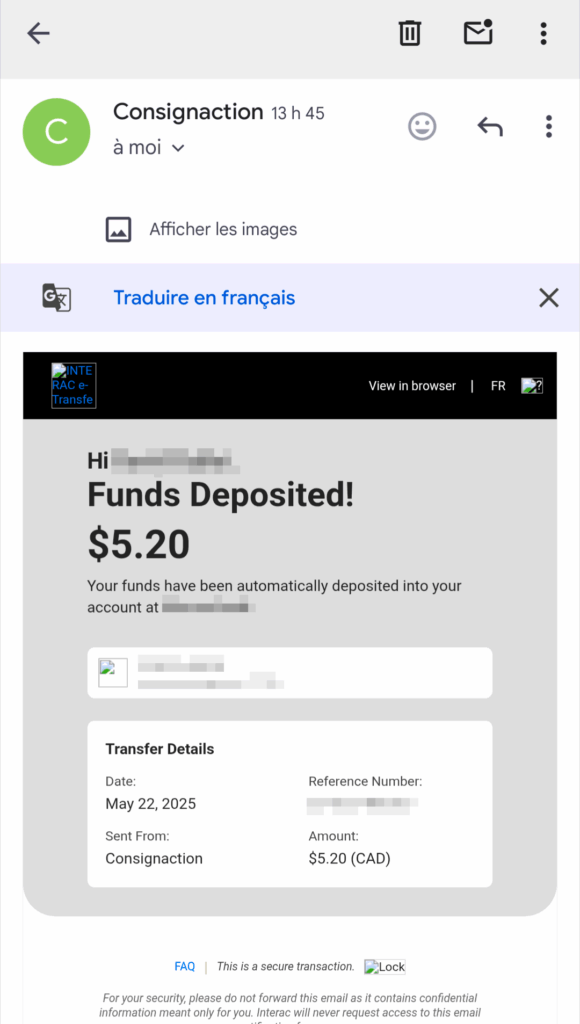 Courriel de confirmation de dépôt des fonds suite à un virement interac de Consignaction