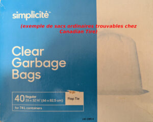 En toute simplicité, le sac de 74L acheté chez Canadian Tire, celui qui a servi à l'expérience d'un sac de consignes...
